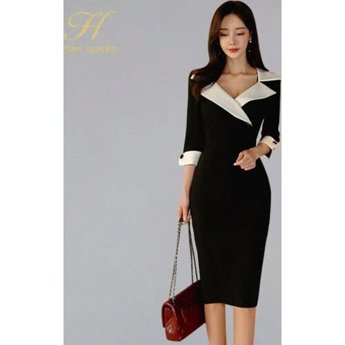 H Han Queen Women New Notched Neck Black Sheath Pencil Dress Fashion Slim Sexy OL Work Bodycon Dresses Office Business Vestidos