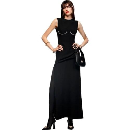 2021 Fashion Diamonds Black O Neck Sexy Sleeveless Women Bandage Maxi Dress Ladies Elegant Casual Slim Party Vestidos BD2114