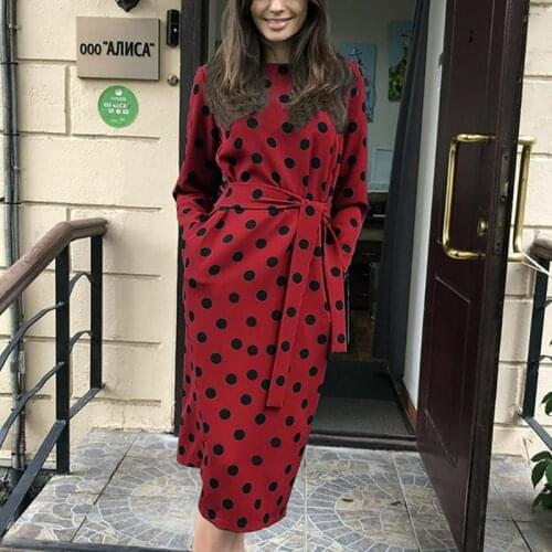 SINFEEL 2019 Spring Dress Women Fashion Polka Dot Long Sleeve O-neck Print Dress Ladies Elegant Bandage Dress Feminine Plus Size