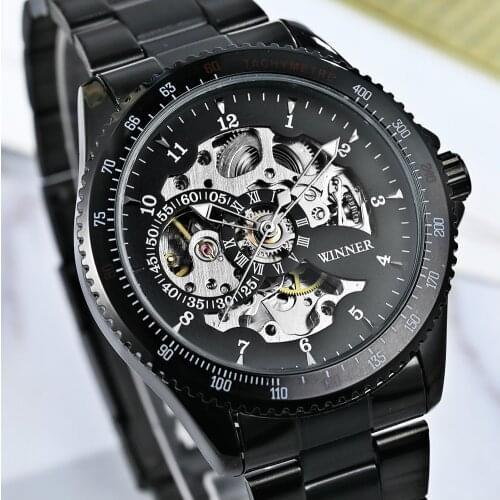 Luxury Brand Wineer Mens Watches Full Black Stainless Steel Mechanical Skeleton Self-winding Automatic Watch Relogio Masculino