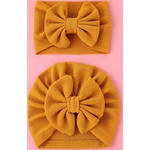 Kids 1pcs Solid Big Bow Hat&1Pcs Headband Baby Kids Headbands Soft Comfortable Cat Turban Children Hair Accessories