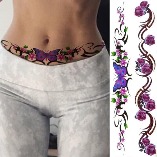 Long Watercolour Flower Temporary Tattoos For Women Girls Sexy Rose Bramble Tattoo Sticker Realistic Fake Butterfly Tatoos Waist
