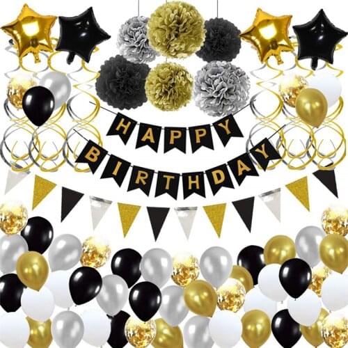Happy Birthday Banner Decorations Set Black Gold Silver Paper Pompoms Hanging Flag Star Foil Confetti Balloon for Birthday Party