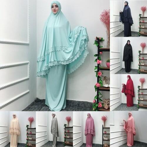 Muslim Dress Islam Clothing Hijab Women Ouble-Layered Large-Scale Mosque Lace Robes Dubai Cardigan Ramadan Long Dress F300429