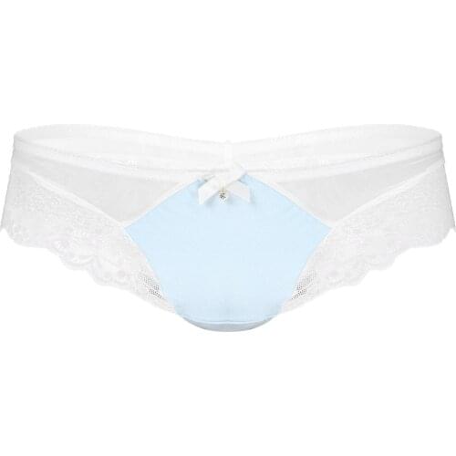 Mens Gay Lingerie Sissy Briefs Elastic Waistband Underwear See-through Lace Patchwork Underpants Adorned Diamond Bowknot Panties