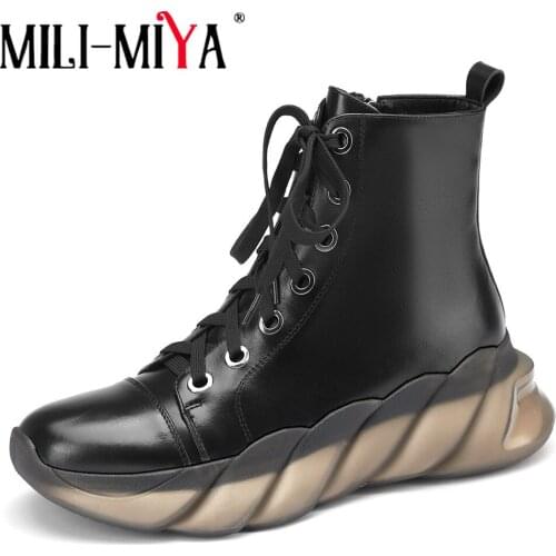 MILI-MIYA 2021 New Style Top Quality Leather Women Fashion Ankle Boots Round Toe Thick Bottom Waterproof Casual All Match Shoes
