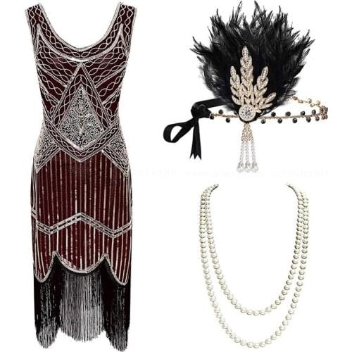 1920s Plus Size Gatsby Sequin Fringed Dress Paisley Art Deco Flapper Sleeve Dress with 20s Accessories Set xs,s,l,m,xl,xxl