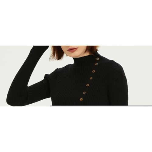 Mock Neck Sweater Button Trim Ribbed Pullovers Women Knitted Jumper Winter Slim