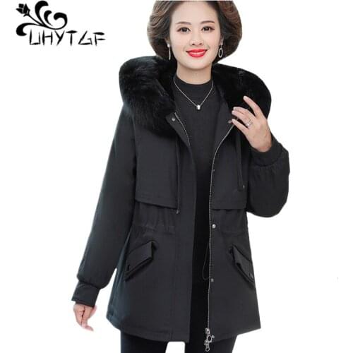 UHYTGF Winter jackets Womens Fashion Fur Collar Down Cotton Warm Coat Parker Female Plus velvet Thicken plus size Outerwear 1301
