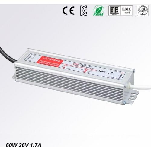 DC 36V 60W 1.7A Waterproof IP67 Electronic LED Driver outdoor use power supply led strip transformers adapter,Free shipping