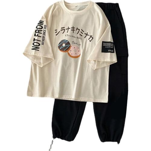 Women Two Piece Set Outfit summer short Sleeve letters Tops & Pants Comfort Lounge Wear casual loose t-shirts + cargo pants sets