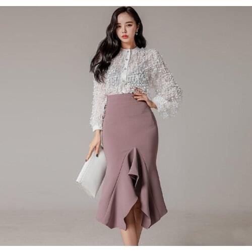 New arrival fashion set women spring OL temperament sexy perspective o-neck tassel chiffon shirt and ruffle skirt two piece set