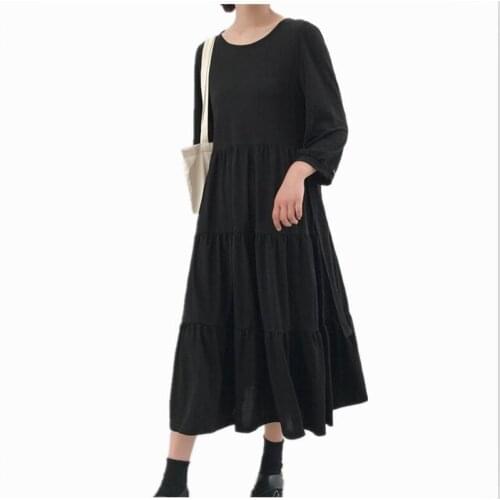 Thin Cotton and Linen Women Long Dress Wrist Sleeves Empire Casual Loose Solid Preppy Style Dress Vestido Plus Size Dress M-7XL