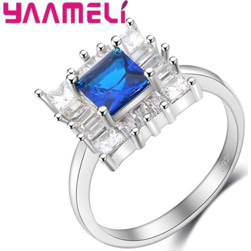 Women Finger Rings 925 Sterling Silver Ring Paved Full Crystals Square Shaped Dark Blue Zricons Wedding Jewellery