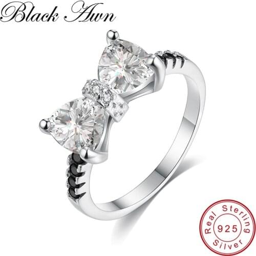 [BLACK AWN] Genuine 925 Sterling Silver Jewelry Wedding Rings for Women Butterfly Knot Black&White Stone Ring C285
