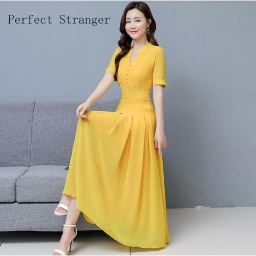 2021 Summer New Arrival Hot Sale Plus Size M-3XL V Collar Solid Color Women Long Chiffon Dress Plus Size M-3XL