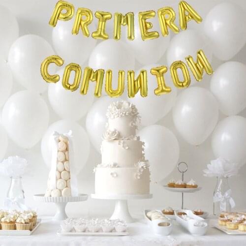15pcs 16inch Letter Holy First Communion Decor Foil Balloons Banner Gold Silver Spanish Primera Comunion Hanging Bunting Balloon