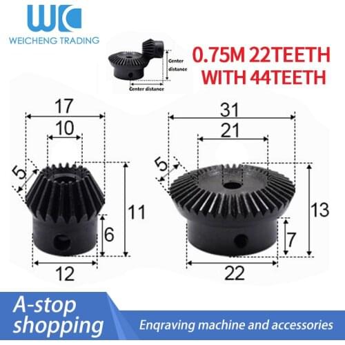 2pcs 1:2 Bevel Gear 0.75Modulus 22 Teeth + 44teeth Inner Hole 6mm 90 Degree Drive Commutation Steel Gears Steel Screw M4/5