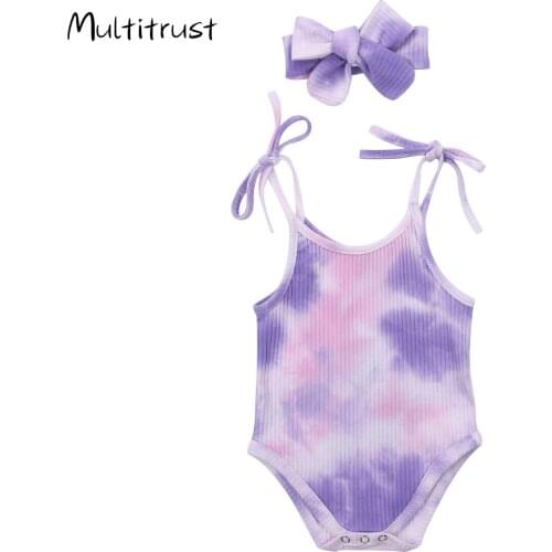 2020 Summer Tie-Dye Infant Baby Girls Clothes Sling Bodysuits+ Headband 2pcs Jumpsuits 0-24M