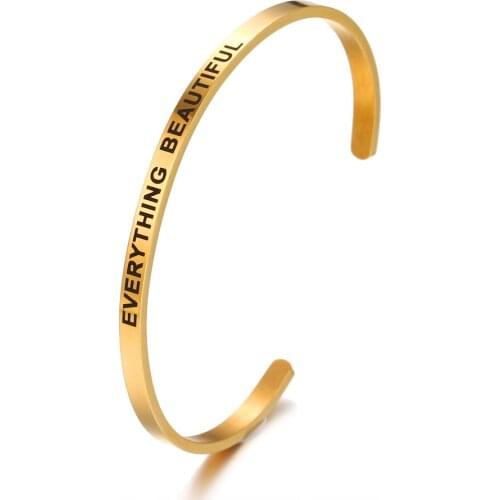 4mm Stainless Steel Round Cuff gold Bangles For Women Men Inspirational Quote EVERYTHING BEAUTIFUL Lettering Bracelets