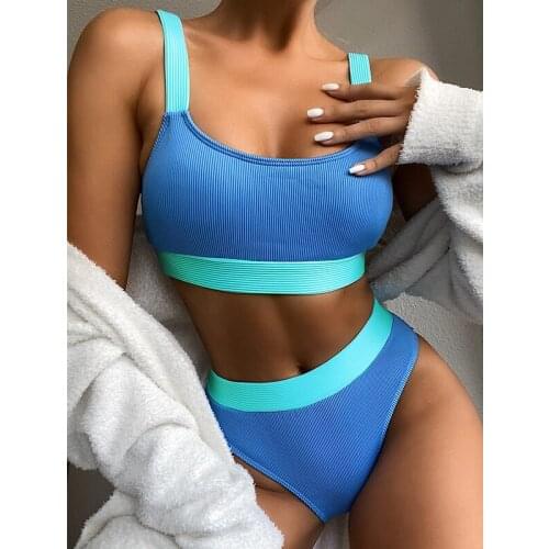 High Waist Bikinis 2020 Mujer Sports Women Swimwear Ribbed Swimsuit Female Bandeau Bikini Set Bathers Splice Bathing Suit