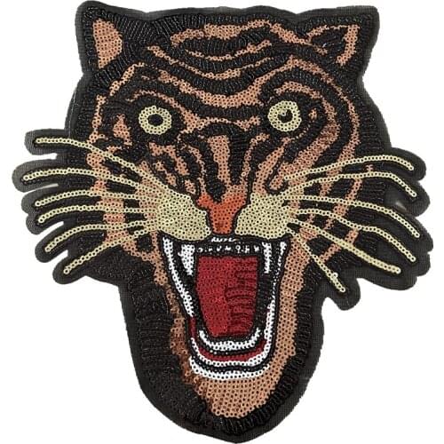 WUYUCONG Large Brown Sequins Tiger Patches Iron on Animal Sequined Embroidery Appliques for Jacket 2 Pieces