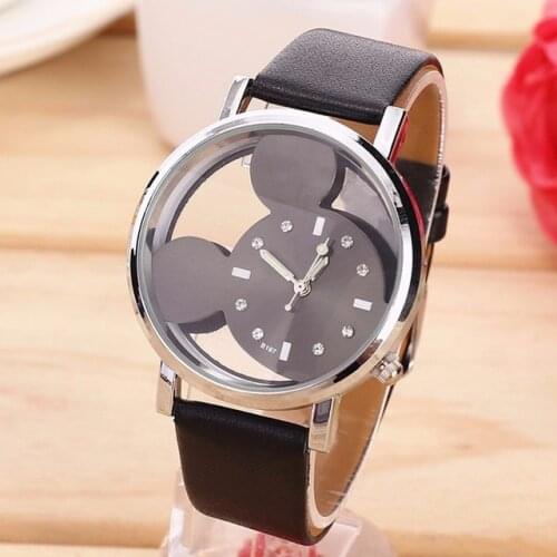 Reloj mujer Fashion Cartoon Mickey women Watch Men Transparent Hollow quartz watches Leather strap Kid wristwatch girl Gift