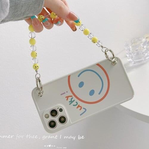 Wrist Chain Case for iPhone 12 Pro Max 7 8 Plus SE XR XS Max SE 2020 Hard PC Cases Cute Smiley Chain Hanging Case for iPhone 11