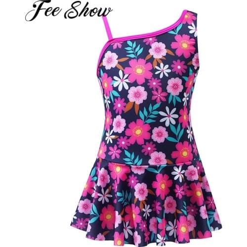 Kids Girls Summer Swimwear Asymmetric Shoulder Strap Print Jumpsuit Bodysuit with Ruffle Hem for Beach Pool Swimming Bathing