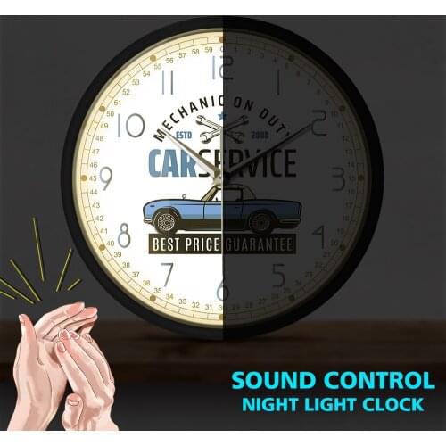 Garage Service Repair Mechanic on Duty Station Car Automotive LED Lighting Wall Clock Business Brand Sound Activated Light Watch