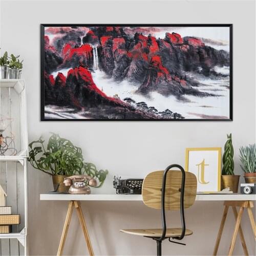 Canvas Print Temple Oil Painting Red Mountain Poster Chinese Ink painting Abstract Wall Picture For Living Room Home Decor
