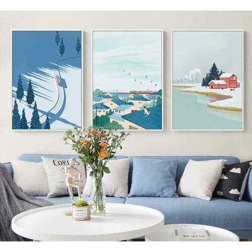 Winter Village Train Landscape Canvas Painting Nordic Anime Style Natural Poster Print Wall Art Picture Modern Home Decoration