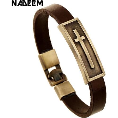 NADEEM Fashion Cross Charm Brown Leather Bracelet Men Male Vintage Punk Cross Charm Cuff Bracelet Bangle Jewelry Pulse