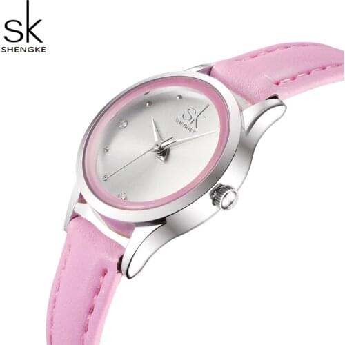 Shengke Children Watches Small Round Dial Quartz Watch Women Fashion Leather Watches Pink Little Kids Girls Women Watched Gift