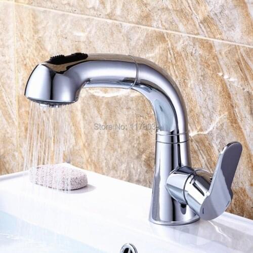 Polished brass pull out bathroom faucets,deck mounted chrome stretched rotating basin faucets,single handle sink faucet,J16951