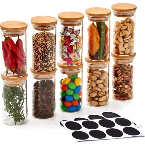 Glass Spice Jars 6-Bottles Mini Canister Set, Small Air Tight Storage Containers with Bamboo Lids Kitchen Cereal Organizer