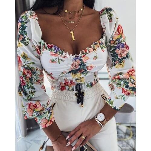 Elegant Long Puff Sleeve Square Collar Blouse Women Lace Ruffle Trim Floral Short Blouse Office Lady Slim Fit Flowers Crop Tops