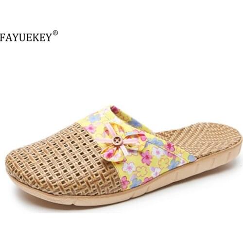 FAYUEKEY 2020 New Women Linen Slippers Floral Butterfly-knot Ladies Casual Slides Girls Flat Sandals Female Summer Indoor Shoes
