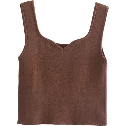 Evfer Women New Spring Casual Coffee Color Za Knitted Short Tops Chic Lady Fashion Elastic Backless Beige Summer Vest