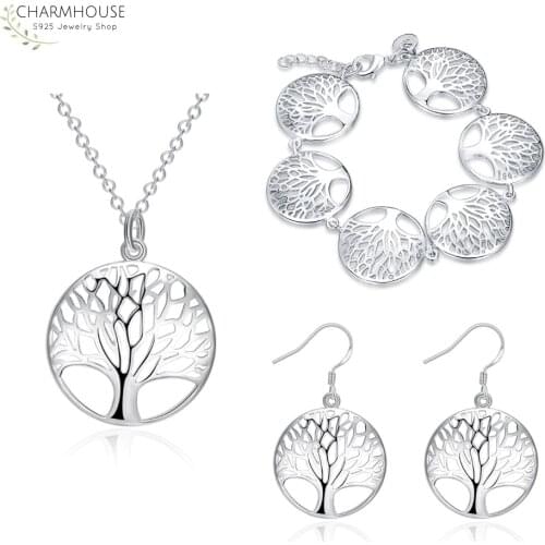 Silver 925 Jewelry Sets for Women Life Tree Round Pendant Necklace Earrings Bracelets 3 pcs Sets Fashion Jewelry Accessories