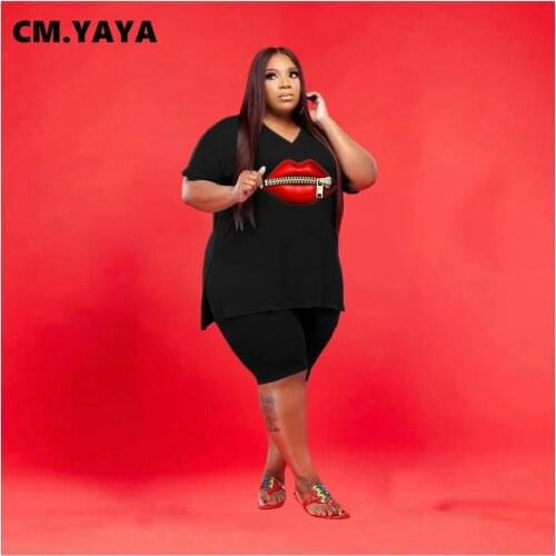 CM.YAYA Women Plus Size Tracksuit Print Short Sleeve V-neck Loose Tops Stretchy Shorts Two 2 Piece Sets Fashion Outfit Summer