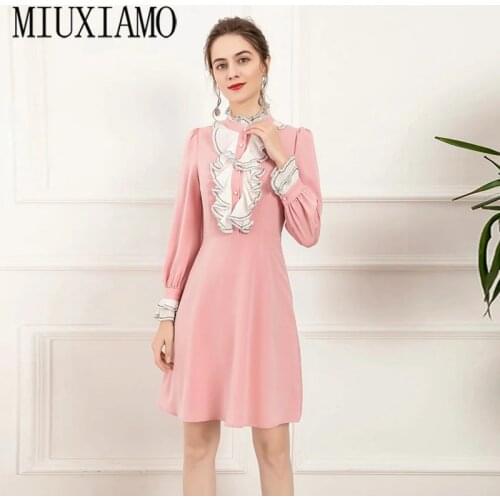 MIUXIMAO 2021 Spring Summer Party Dress Flower Print Long sleeve Office Lady Pink Casual Dress Women Vestidos With Ruffles