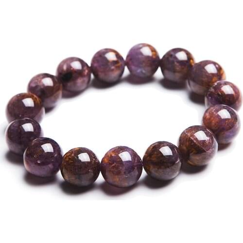 14mm Natural Purple Cacoxenite Gems Gold Hair Rutilated Quartz Crystal Clear Transparent Round Bead Women Mens Stretch Bracelet