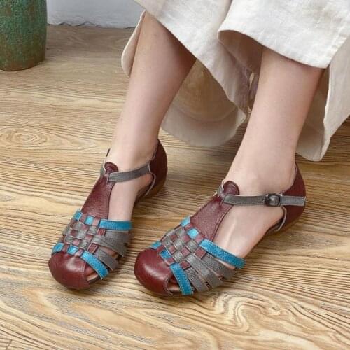 YourSeason Ladies Summer Shoes Genuine Leather Mixed Colors Retro Flat With Handmade Platform Buckle Strap Sandals Hollow