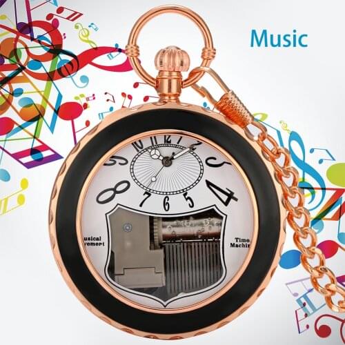 Hand Crank Playing Music Female Rose Gold Quartz Pocket Watch White Dial Unique Music Playing Watch New Year Christmas Gifts