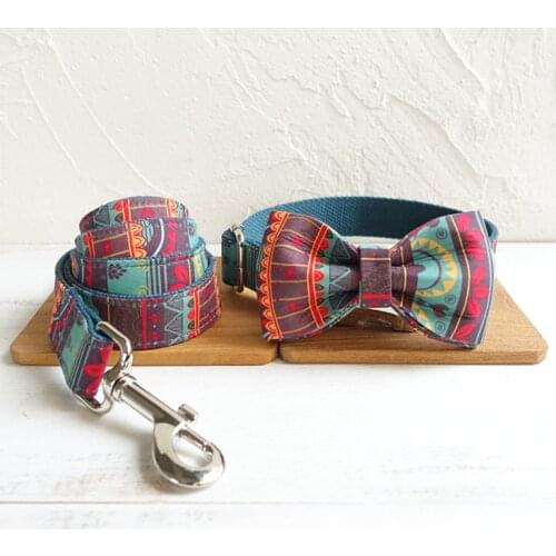 Designer Dog Collar Personalized MAYA Pattern Bow Dog Collar with Leash Set Adjustable Nylon DIY Pet Collar with Metal Hardwares
