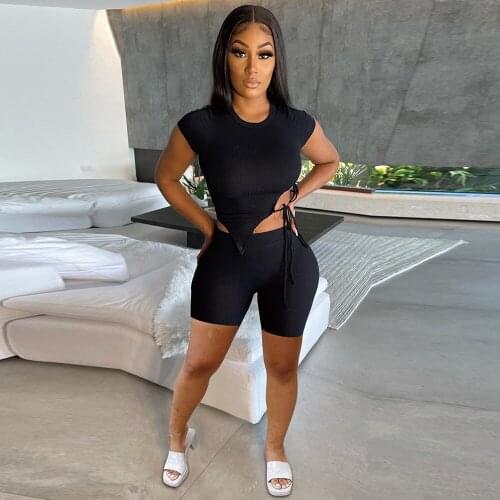 Grey Side Hollow Drawstring Short Sleeve T-shirt and Workout Biker Shorts for Women Summer Fitness Two Piece Suits 2021