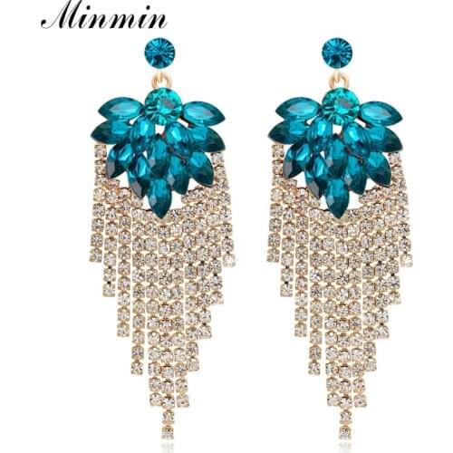 Minmin Statement Big Flower Crystal Drop Earrings for Women Shiny Rhinestone Tassel Earrings Fashion Wedding Prom Jewelry EH1506