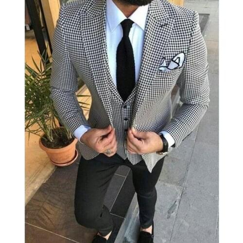 2021 Custom Fashion Luxury Houndstooth Blazer Slim Fit Groomsmen Tuxedo For Wedding Evening Party 2 Piece Male Coat And Pants