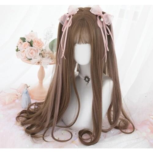 Janpanese Style Lovely Girl Daily Lolita Cosplay Wigs High-temperature Fiber Synthetic Hair Brown Long Curly Hair + free wig cap